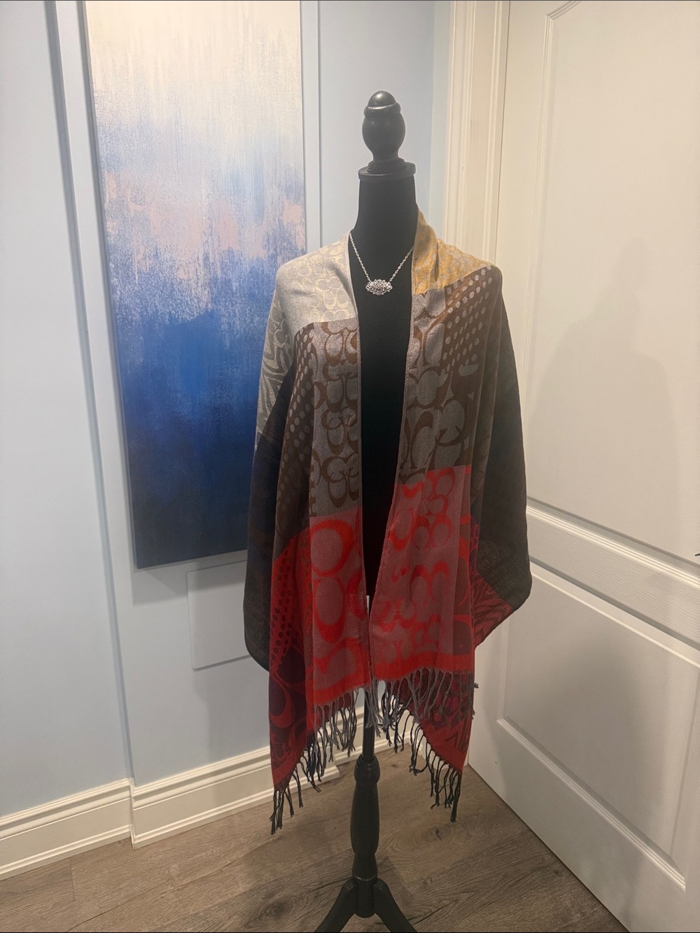 Vintage Coach Multicolor Patterned Shawl Wrap - Red, Brown, Black